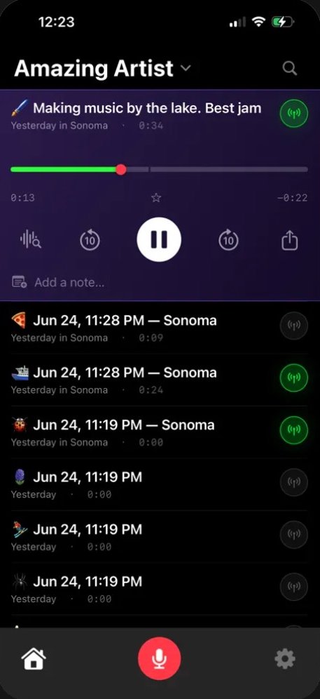 Jamlog Recorder home screen: a list of recorded jams, some live for fans